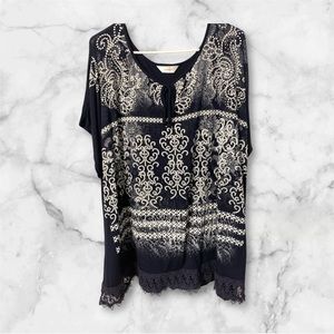 CJ Banks Navy Blue and White Relaxed Moroccan Bling Blouse